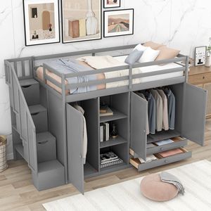 Letto a Soppalco Funzionale Grigio per Bambini con 3 Ripiani, 2 Armadi, 2 Cassetti, Scala e Spazio di Archiviazione, Senza Necessità di Rete a Doghe - Product Image 2
