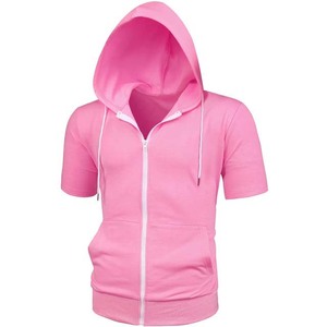 <b>Men's</b> <b>Pink</b> Short Sleeve Zip Up Hoodie Slim Fit Hooded <b>Sweatshirt</b> with Drawstring Casual - Product Image 1