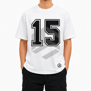T-shirt formel blanc à manches courtes pour homme avec impression du numéro 15 noir, col rond, tricoté en polyester/coton, coupe ample - Product Image 1