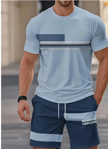 Men Summer <b>T</b> <b>Shirt</b> and Shorts Set Light Blue Striped Crew Neck Knitted Casual Breathable Two Piece Outfit - Product Image 3