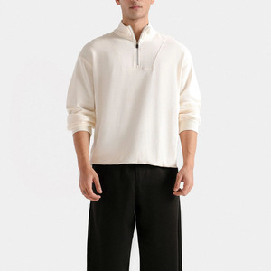 Latest Design Breathable <b>Men</b> Quarter Zip <b>Sweatshirt</b> Stand Collar Off <b>White</b> Solid Regular Fit Minimalist Pullover <b>Sweatshirt</b> - Product Image 1