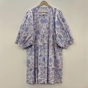 Robe midi décontractée pour femme, toutes saisons, en coton tissé 100%, unie, à manches courtes, taille empire, style babydoll, coupe ample, col en V - Product Image 2