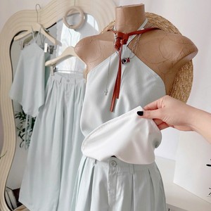 Women Solid Color Halter Top Wide Leg Pants <b>Set</b> Loose Fit Breathable Polyester Casual Spring Summer Two Piece Outfit - Product Image 2