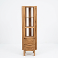 Estantería de exhibición de madera de teca maciza de primera calidad, de tres niveles, con listones verticales, librero minimalista, gabinete de almacenamiento con cajones, tamaño personalizado para sala de estar