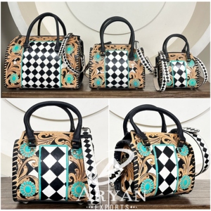 Luxury Designer Fashion Hand Tooled Leather <b>Small</b> Speedy <b>Bag</b> Lightweight <b>Black</b> & White Checkered Travel Duffle <b>Bag</b> for Unisex - Product Image 1