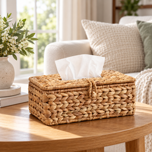 Boîte à mouchoirs rectangulaire rustique en fibres végétales tressées avec couvercle et fermeture à boucle pour l'organisation de la maison - Product Image 6