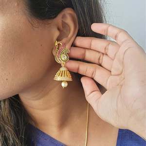 18K Gold Plated Pearl Drop Charm Earrings-Ethnic Religious Geometric Jhumki - Product Image 1