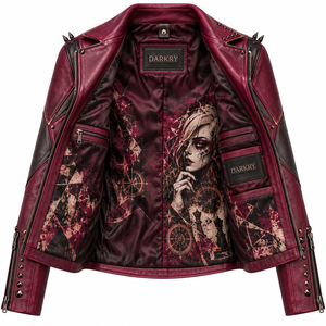 Burgundy <b>Black</b> <b>Women</b> Genuine Leather Biker Jacket Custom Chess Graphic Print Studded Revers Peak Lapel Outerwear Supplier - Product Image 5