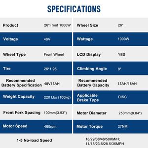 Kit di Modifica per Bicicletta Elettrica 26 Pollici 1000W con Motore Posteriore Nero e Kit Motore Anteriore 2000W per Installazione su Bici - Product Image 5