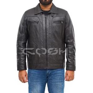 Veste moderne noire de style Cafe Racer avec poches zippées |   Vestes en cuir véritable pour hommes, style streetwear, avec col montant - Product Image 6
