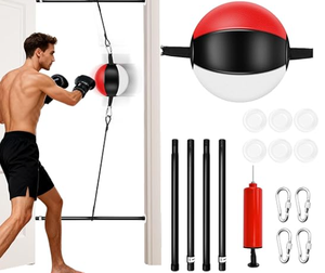 HAWK SPORTS INDUSTRIES Balón de velocidad de doble extremo para boxeo, entrenador de reacción de PU, rojo, negro, blanco, saco de boxeo ajustable para suelo y techo con cuerda - Product Image 1