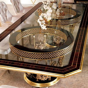 Juego de Comedor de Lujo Europeo, Mesa Rectangular para 8 Personas con Cubierta de Vidrio, Negro y Dorado, Artístico, Madera de Caoba Sólida, Muebles para Villa - Product Image 5