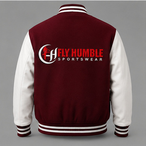 Fly Humble Sportswear Varsity <b>Jacket</b> <b>Men's</b> Maroon <b>White</b> Cotton Polyester Casual Zipper Back Logo Patch Design Winter Waterproof - Product Image 3