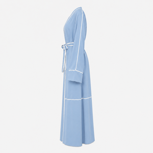 New ODM Customized Women Modest Polyester Open Front Matching <b>Belt</b> Piping Soft Comfortable Fabric V Neck Long Sleeve Quick Dry - Product Image 4