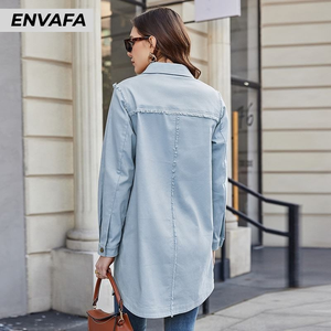 Trench-coats personnalisés de haute qualité en gros, trench-coat en jean mi-long, veste à boutons en jean avec manches longues - Product Image 4