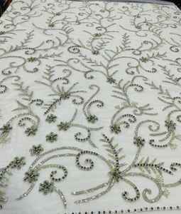 Tissu en dentelle perlée à la main en cristal vert de luxe pour robe de mariée et robe de soirée – Fournisseur en gros de maille brodée lourde - Product Image 4