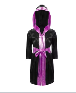 PROFIT SPORTS Black Purple Hooded <b>Robe</b> <b>Satin</b> Trim Belt Breathable Quick-Dry Polyester Material Long Sleeve Boxing Training Coat - Product Image 5