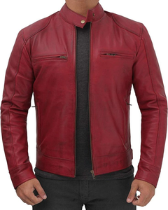 <b>Men's</b> Red PU Leather Moto Jacket Stand Collar Zipper Closure Regular Fit Solid Color Biker Style Autumn Wear - Product Image 1