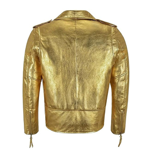 Golden PU Leather Men's Moto Biker <b>Jacket</b> Turn-down Collar Zipper Closure Slim Fit Regular Length Autumn Style - Product Image 4