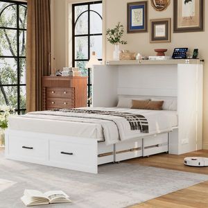 Letto a scomparsa matrimoniale/king-size in stile rustico con stazione di ricarica, piattaforma pieghevole e ampio cassetto contenitore per camere degli ospiti - Product Image 6