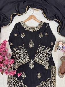 Ensemble Kurti Sharara brodé noir avec dupatta pour femme, tenue de soirée de mariage de créateur, costume ethnique avec travail de sequins Zari - Product Image 6