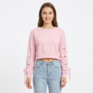 <b>Pink</b> Women's <b>Cropped</b> Sweatshirt Lace-Up Sleeves Bow Detail O-Neck Casual Solid Anti-Pilling Full Sleeve Knitted <b>Top</b> Spring Wear - Product Image 6