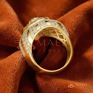 Men's 14,18k Gold Finish Tiered Medallion Ring – Heavy Dome Statement Band with Concentric Diamond Pavé and Polished Fluted Band - Product Image 3