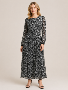 Wholesale Premium Quality <b>Black</b> Color Floral Print Western <b>Dress</b> Round Neck Sheer <b>Long</b> Sleeve High Waist A LINE <b>Maxi</b> <b>Long</b> Casual - Product Image 1