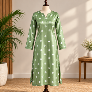 <b>Women</b> O Neck Empire Waist Patchwork Green Vintage <b>Kurta</b> Organic Cotton Woven Eco Friendly Washable Long Silk Lining Ethnic Wear - Product Image 1