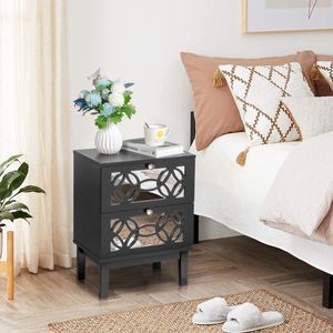 FCH 2pcs Black Bedside Table 45*30*60cm MDF with Spray Paint Smoked Mirror Two Drawn Carving Nightstands - Product Image 4