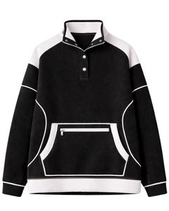 Sweat-shirt personnalisé noir et blanc pour femme, en molleton, à capuche, coupe oversize, col montant à boutons-pression, hiver, décontracté, avec poche zippée - Product Image 1