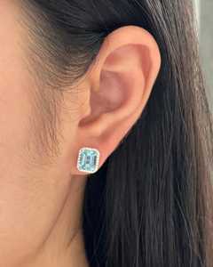Boucles d'oreilles clous en diamant de laboratoire, or massif 14 carats, sertissage halo classique, pour usage quotidien, aquamarine taille émeraude, bijoux fins, prix d'usine - Product Image 5