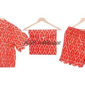 Ensemble de pyjama pour femmes, imprimé à la main, 100% coton, motif diamant, col en V, taille haute élastique, manches courtes, respirant, doux - Product Image 6