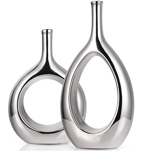 Luxury Hollow-Center Silver Metal <b>Vase</b> <b>Set</b> Modern Abstract Chrome Floral <b>Vase</b> Contemporary Tabletop Sculpture High-End Home Deco - Product Image 1