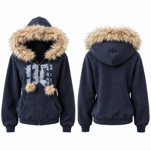 Women's <b>Navy</b> Hooded Zip-Up Sweatshirt With Faux Fur Collar And Pom Poms Printed Design Winter Wear Hoodies - Product Image 1