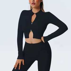 Seamless Matching Gym Set for Women Long Sleeve Zip Workout Jacket Sports Bra High-Waist Yoga Pants Four-Way Stretch Tummy - Product Image 4