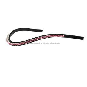 สายรัดคิ้วหนังรูปม้าบังเหียนแบบอังกฤษสีดำมีสายคาดคิ้วเพชรคริสตัลสีชมพูลายดอกไม้แบบแถวเดียว - Product Image 1