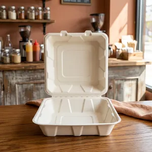 Contenedor de Alimentos Desechable Ecológico Moderno Tipo Concha 8x8 de Pulpa, de Gran Venta, para Hoteles, Eventos y Catering - Oceanic Global - Product Image 1