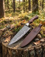 Couteau de cuisine à lame fixe en acier damas cuivré fait main avec manche en bois et étui en cuir, couteau de survie et de chasse