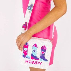 Sac bandoulière brodé motif botte de cowboy avec sangle à motifs, sac à main carré Howdy pour femme avec pompon et perles blanches - Product Image 1