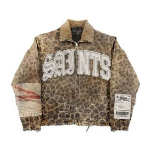 ชุดเสื้อผ้าผู้ชายสไตล์เรโทรลายเสือดาวแบบกอธิค Y2K ชุดสองชิ้น เสื้อแจ็คเก็ตซิปและกางเกงยีนส์ขาดๆ แต่งดีไซน์แบบปะติดปะต่อ - Product Image 2