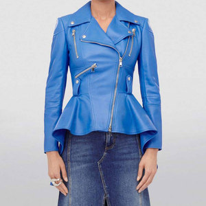 Women's Blue Leather Moto Jacket With <b>Zipper</b> And Peplum Hem Regular Length Full Sleeve Spread Collar Autumn Style - Product Image 6