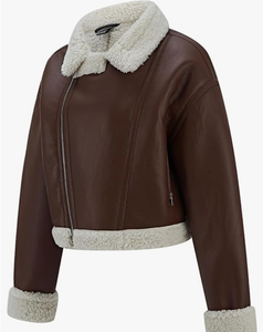 Women's Faux Shearling Cafe Racer Moto <b>Jacket</b> Thick <b>Fur</b> <b>Lined</b> Sherpa Leather Coat Winter Outerwear Finished - Product Image 4