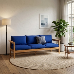 Canapé 3 places en teck massif avec coussins bleu roi, canapé de salon, canapé en bois artisanal, mobilier de salon moderne - Product Image 5