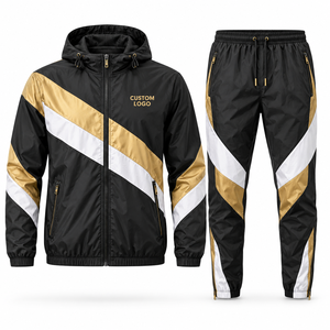 Survêtement coupe-vent unisexe noir, or et blanc, à capuche, manches longues, ensemble sportif deux pièces, séchage rapide, polyester, pour l'automne - Product Image 1