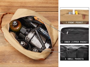 Large Canvas Leather Toiletry <b>Bag</b> Custom Logo Unisex Travel Cosmetic <b>Wash</b> <b>Bag</b> Double Zipper Shaving Dopp Kit LCTB-0014B - Product Image 5