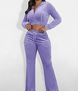 Crop Top Hooded Zipper Velvet Velour Tracksuits Stacked Flare Jogging <b>Set</b> Winter Purple Color Velvet Track Suit Sweat Suits <b>Set</b> - Product Image 3