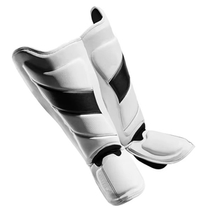 Protège-tibias en cuir blanc rembourrés EVA+FOAM, bandes noires, fermeture auto-agrippante, équipement de protection léger pour boxe, unisexe adulte - Product Image 3