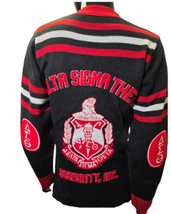 Cardigan brodé avec les initiales de la sororité Gamma Rho, col en V, manches longues, pull en tricot pour femme, rouge et blanc, poches boutonnées sur le devant - Product Image 4