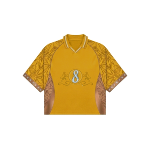 Maillot de football personnalisé pour homme, col en V, manches courtes, imprimé géométrique sublimé, numéro 8, design bleu foncé et marron, évacuation de l'humidité - Product Image 5